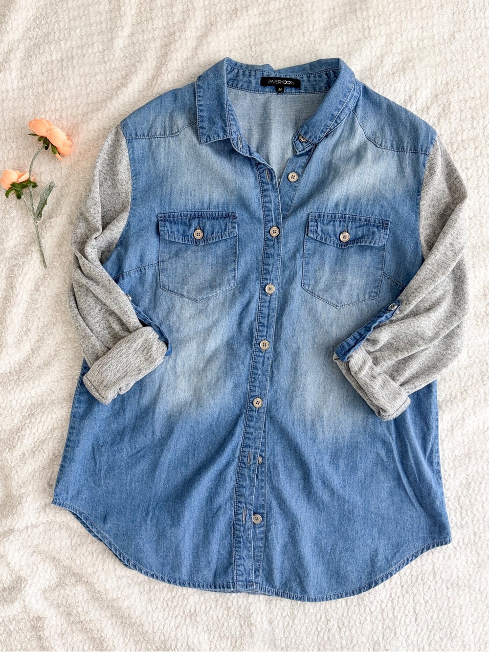 Papermoon Denim Button Down Contrast Knit Sleeves Roll Tab Chambray Size M